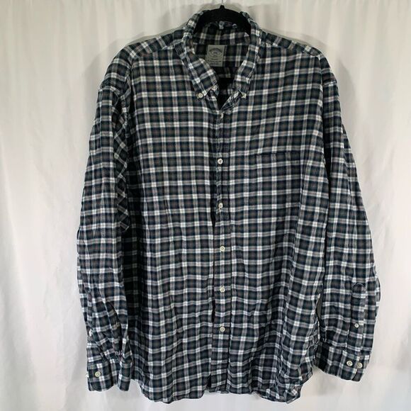 Brooks Brothers Regent Flannel Shirt Men's XXL Blue White Plaid Button Up - Picture 1 of 7